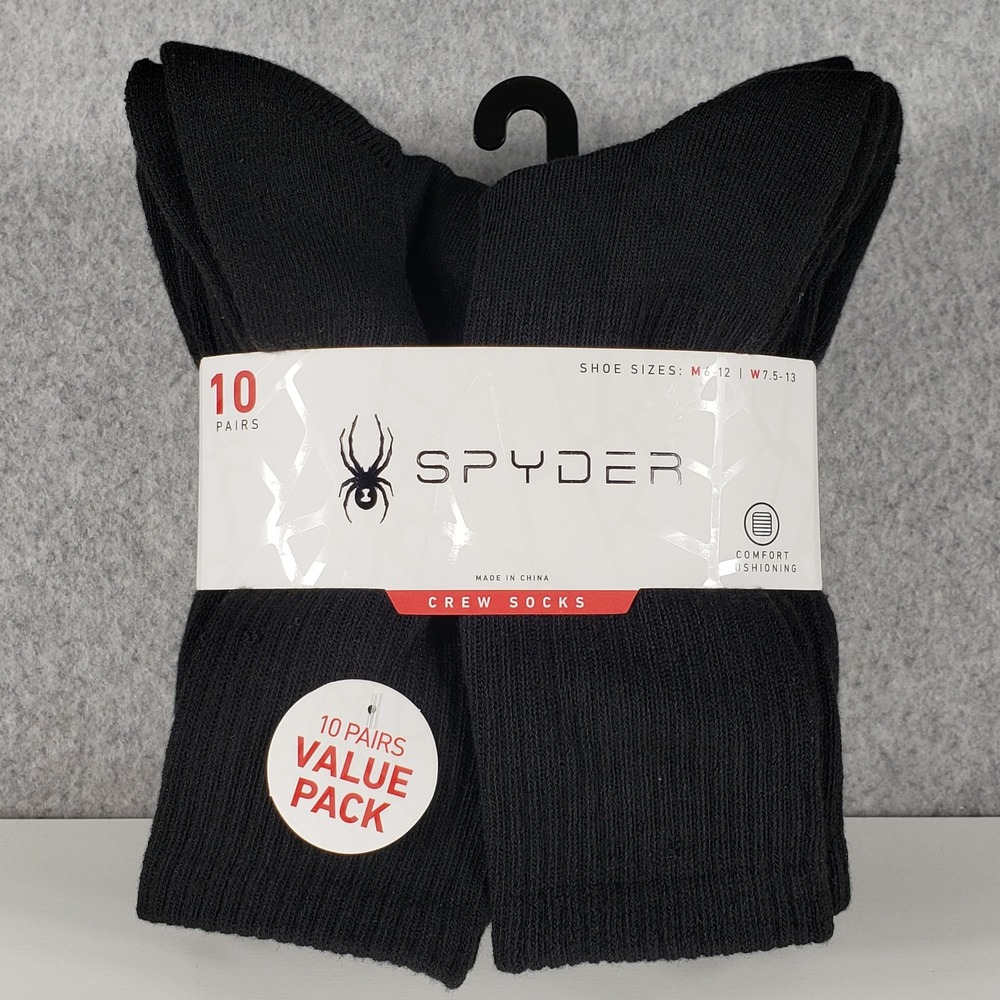 Spyder Mens Crew Socks 10 Pair Value Pack Size 6-12 Black Athletic Workout NWT